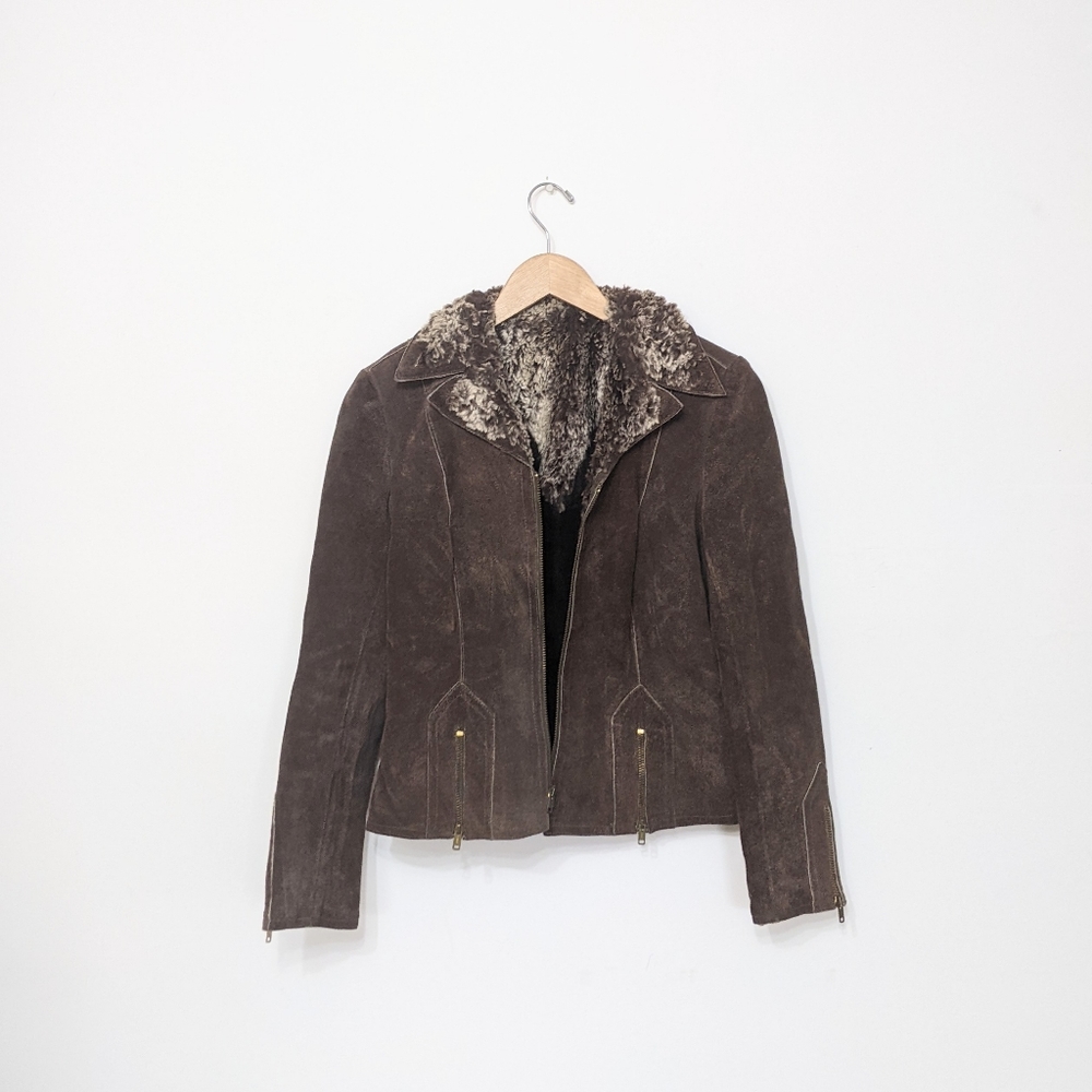 vtg 1970s hippie leather faux fur trim biker jacket